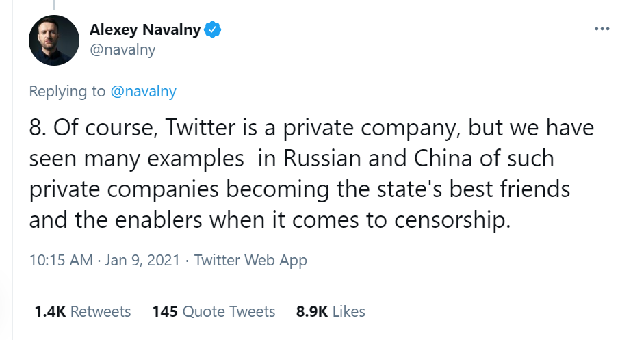 Screenshot of Tweet by Russian opposition leader Alexey Navalny 