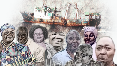 An illustration showing individuals classified as politically exposed persons in Ghana, who are listed as owners of various fisheries companies. Designed by Solomon Nyamekye, April 2024.